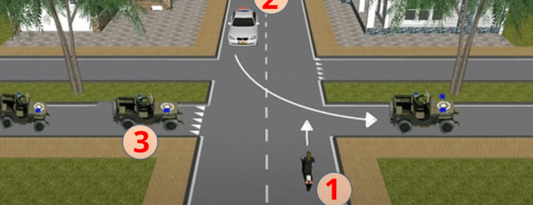 Dette er en lurespørsmål: I hvilken rekkefølge kan militærkolonnen, motorsykkelen og bilen kjøre?